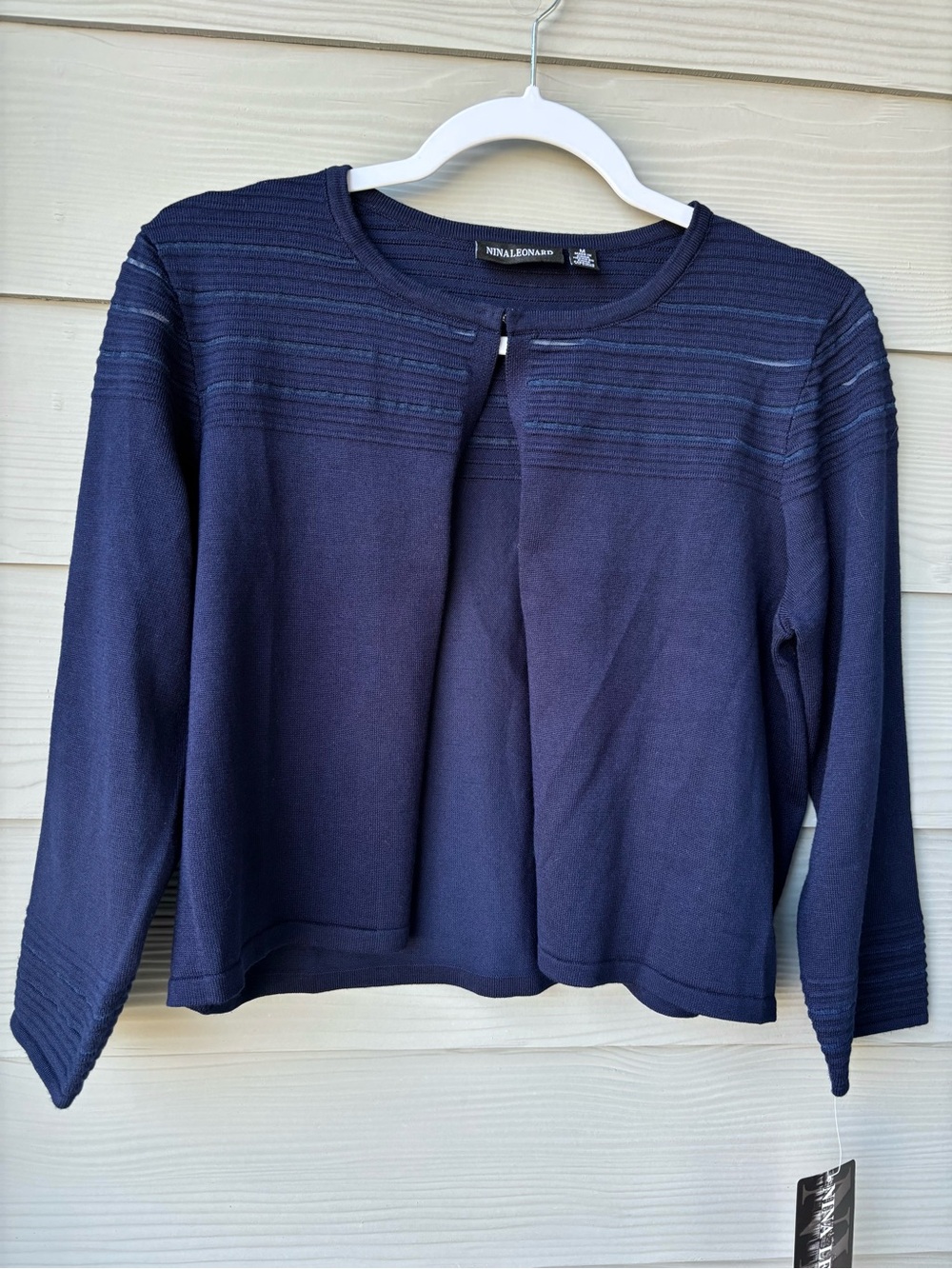 Nina Leonard Navy Cropped Open Knit Cardigan NWT Size M